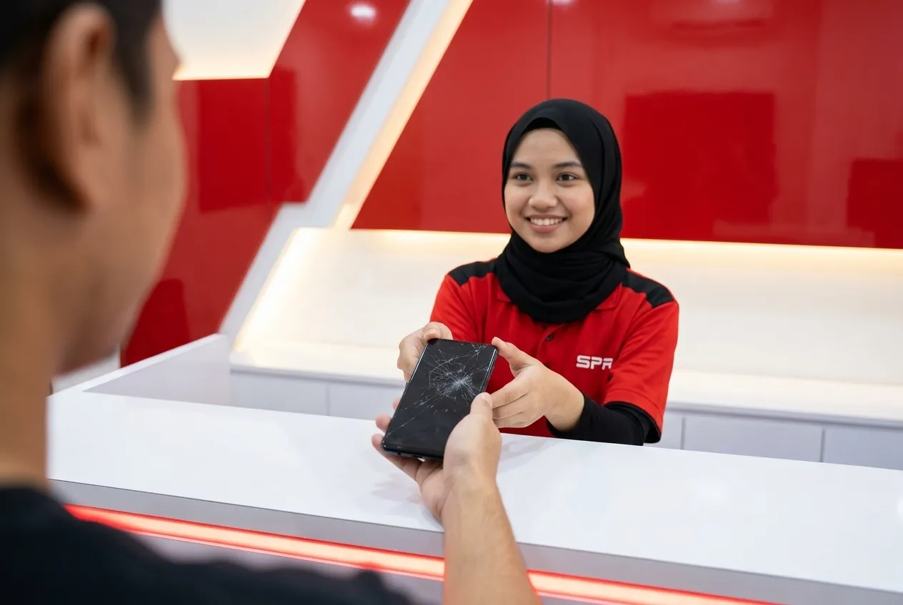 Customer handing an Android phone with a cracked screen to SPR staff at the counter