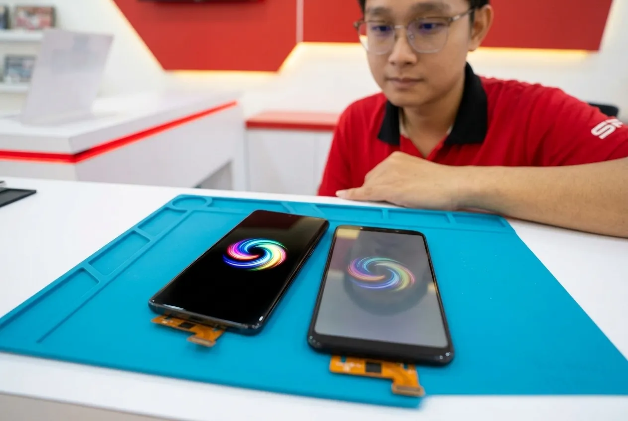 Two replacement Android screens side by side, OLED with deeper blacks and TFT slightly paler